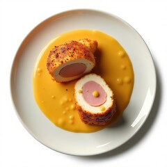 Crispy breaded chicken with ham and creamy sauce, served on a minimalist plate. Perfect for food blogs, menus, or culinary marketing.