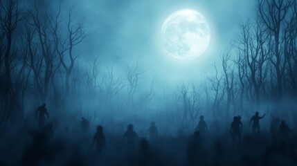 Fototapeta premium Silhouettes of People in Foggy Forest Under Full Moon
