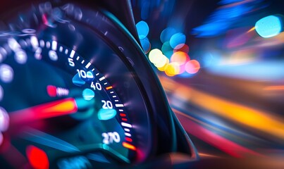 Speedometer scoring high speed in a fast motion blur racetrack background. Speeding Car Background Photo Concept. 