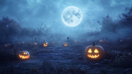 Halloween Pumpkin in a Spooky Forest with Full Moon