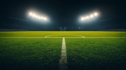 Obraz premium Nighttime view of a soccer field with bright stadium lights and a central kick spot, perfect for promoting a football club or international game