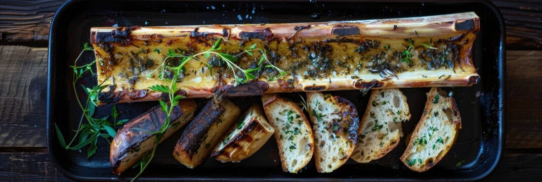 Oven-roasted beef bone marrow served with homemade garlic bread