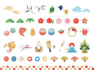 Naklejka premium Cute New Year's decoration_icon and frame set_Illustration of lucky charm_Japanese pattern
