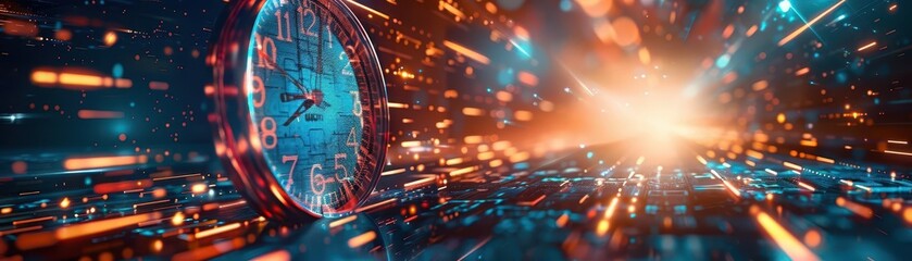 Fototapeta premium Abstract time passing with blurred clock, Cyberpunk, Bright, Digital, Highlighting fleeting moments