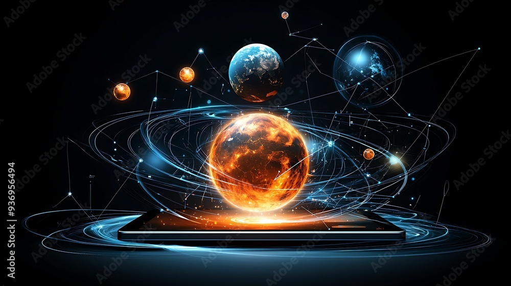 Poster digital solar system emerging from a tablet in a science classroom, interactive learning concept, co