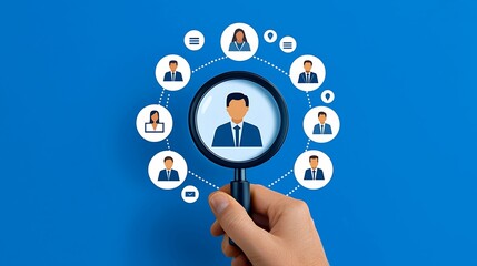 Illustration of magnifying glass highlighting a person among various icons, concept of recruitment and selection, copy space for text,