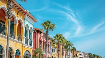 Colorful buildings and palm trees on orlando street, florida vibrant cityscape for travelers and tourists
