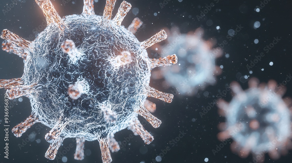 Poster d render of a virus particle in microscopic view