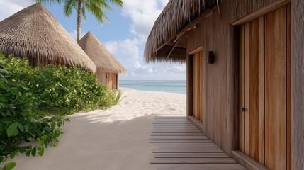 Tropical Beach Huts with Thatched Roofs on Sandy Shoreline with Palm Trees and Ocean View Under a Clear Blue Sky