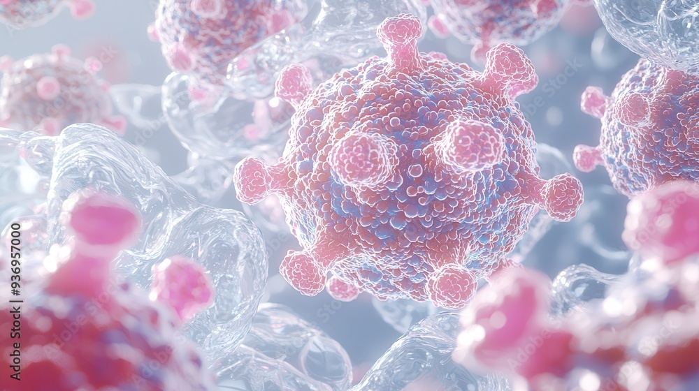 Poster d render of virus cells in a fluid environment
