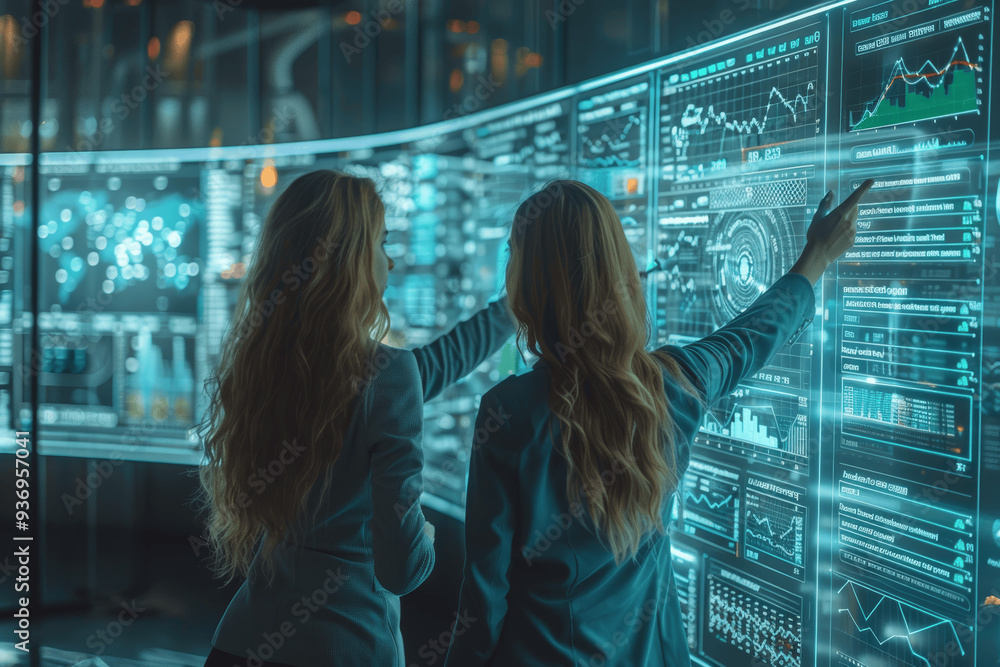 Poster two women interacting with futuristic digital screen displaying data visualizations