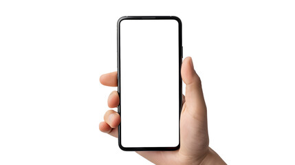 Human hand holding a smartphone isolated on transparent background.