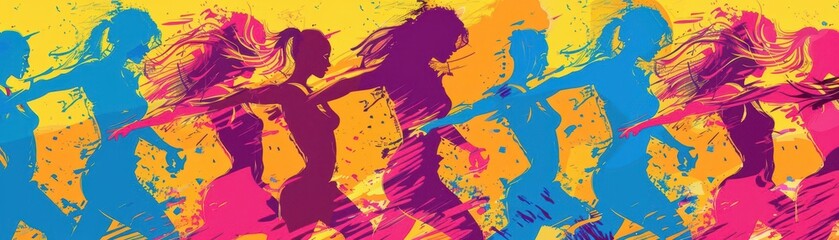 Aerobics class with dance moves, Pop Art, Bright, Illustration, Emphasizing energy and fitness