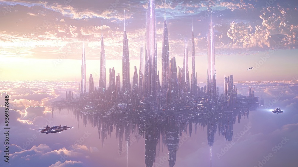 Poster futuristic cityscape floating above clouds with spaceships