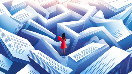 Businesswoman Standing In Maze Resumes Job Applications Hiring Concept