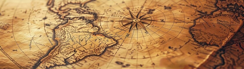 Fototapeta premium Antique map with artistic flourishes, Vintage, Earthy, Illustration, Emphasizing exploration and history