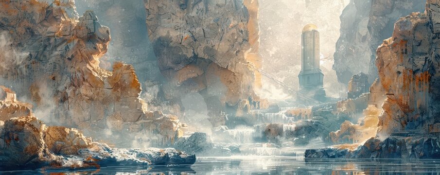 Ancient ruins of a lost civilization, Fantasy, Earthy, Watercolor, Emphasizing historical mystery and exploration