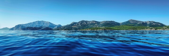 Ripples on the Blue Sea with Green Mountains and Rock Silhouettes under a Clear Sky
