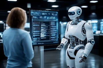 Humanoid robot and a woman collaborating on a high tech project in a futuristic lab symbolizing the seamless partnership between humans and AI