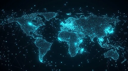 Blue Glowing Digital World Map with Connected Lines