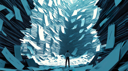 Businessman Overwhelmed With Piles of Work Paper Resumes Bills Taxes Finances Hiring