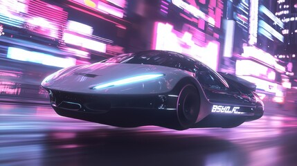 Naklejka premium Futuristic Sports Car Driving Through Neon City at Night