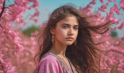 A woman with long brown hair and wearing a pink shirt stands in a field of pink flowers