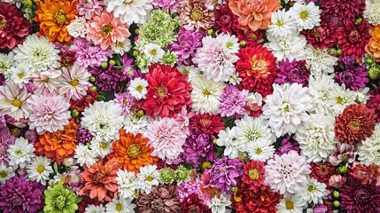 Flowers wall background with amazing red, orange, pink, purple, green and white chrysanthemum flowers ,Wedding decoration, hand made Beautiful flower wall background that is very beautiful