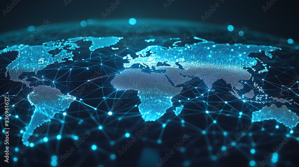 Poster Digital World Map with Interconnected Network Nodes