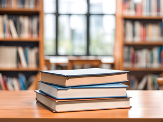 Fototapeta premium Book stack on wood desk and blurred bookshelf in the library room, education background, back to school concept