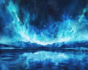 Fototapeta premium Aurora Borealis in night sky, Fantasy, Bright, Watercolor, Emphasizing natural wonder