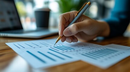Close-up of a hand marking a check on a to-do list of business goals, with a laptop, coffee cup, and financial reports