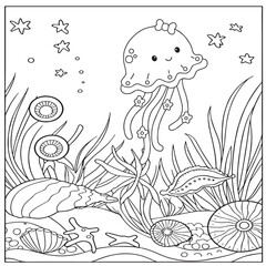 Fototapeta premium Fish Coloring page for baby coloring book, vector Illustration seawater cute fishes activity worksheet for children.