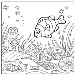 Fish Coloring page for baby coloring book, vector Illustration seawater cute fishes activity worksheet for children.
