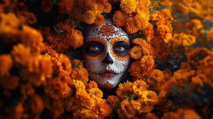 Woman Dressed Day Of The Dead Costume Face Paint Marigold Flowers