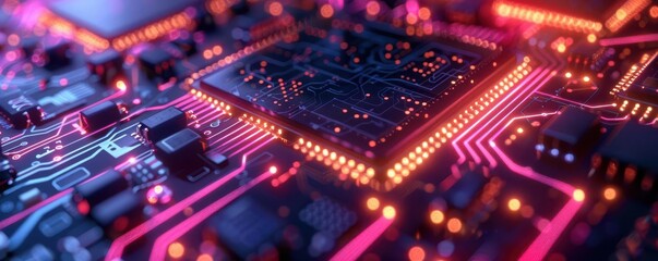 Obraz premium Circuit board closeup, Futuristic, Cool, Neon, Highlighting technological intricacy