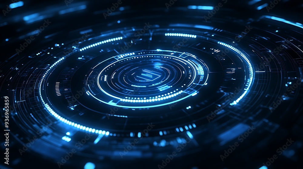 Poster futuristic blue glowing circular interface with digital lines