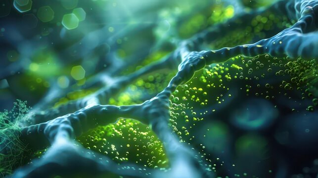 Closeup of a plant cell, Futuristic, Bright, Digital, Highlighting biological science