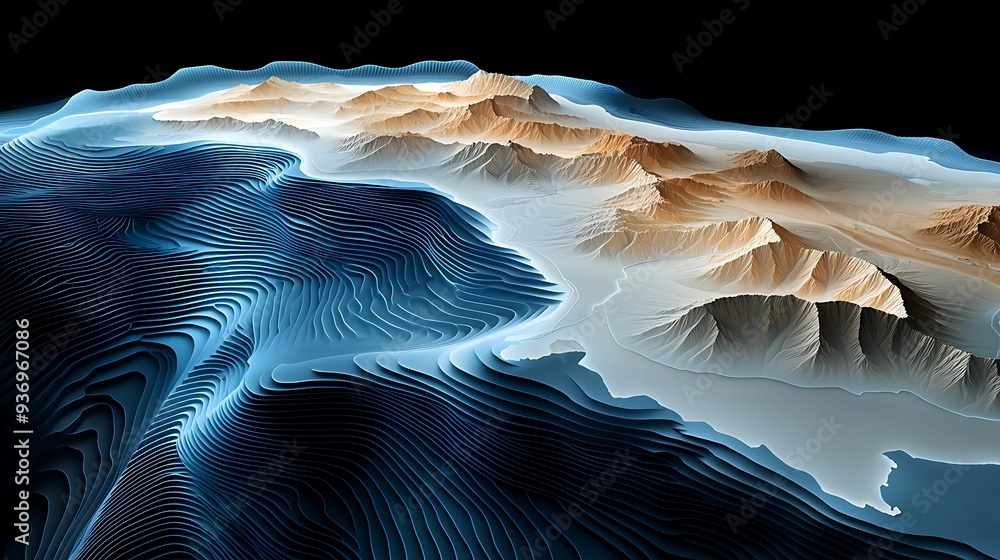 Canvas Prints 3d rendered terrain map with detailed topography, warm colors highlighting elevation changes, soft f