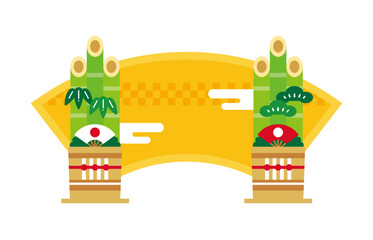 シンプルな門松のイラストと和風の雲、黄色い扇形のフレームのお正月向け背景素材