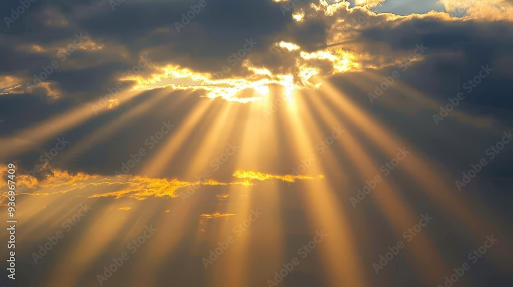 Poster sunbeams filter through gaps in the clouds, creating radiant shafts of light in the sky.