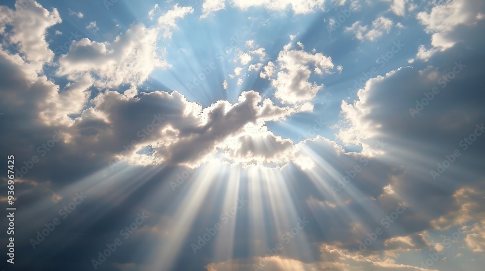 Poster sunbeams filter through gaps in the clouds, creating radiant shafts of light in the sky.