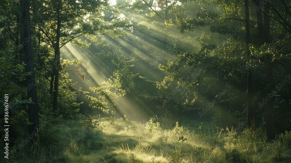 Aufkleber sunbeams filter through the trees, creating a dappled light effect.
