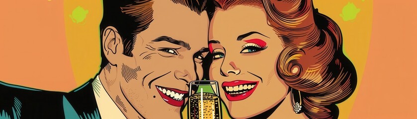 Fototapeta premium Couple celebrating with champagne, Pop Art, Bright, Illustration, Emphasizing joy and celebration