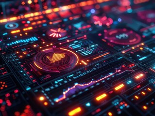 Fototapeta premium Data visualization dashboard, Cyberpunk, Bright, Digital, Emphasizing information clarity