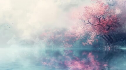 Obraz premium Dreamy landscape with soft colors and fog, Fantasy, Soft, Watercolor, Highlighting ethereal beauty