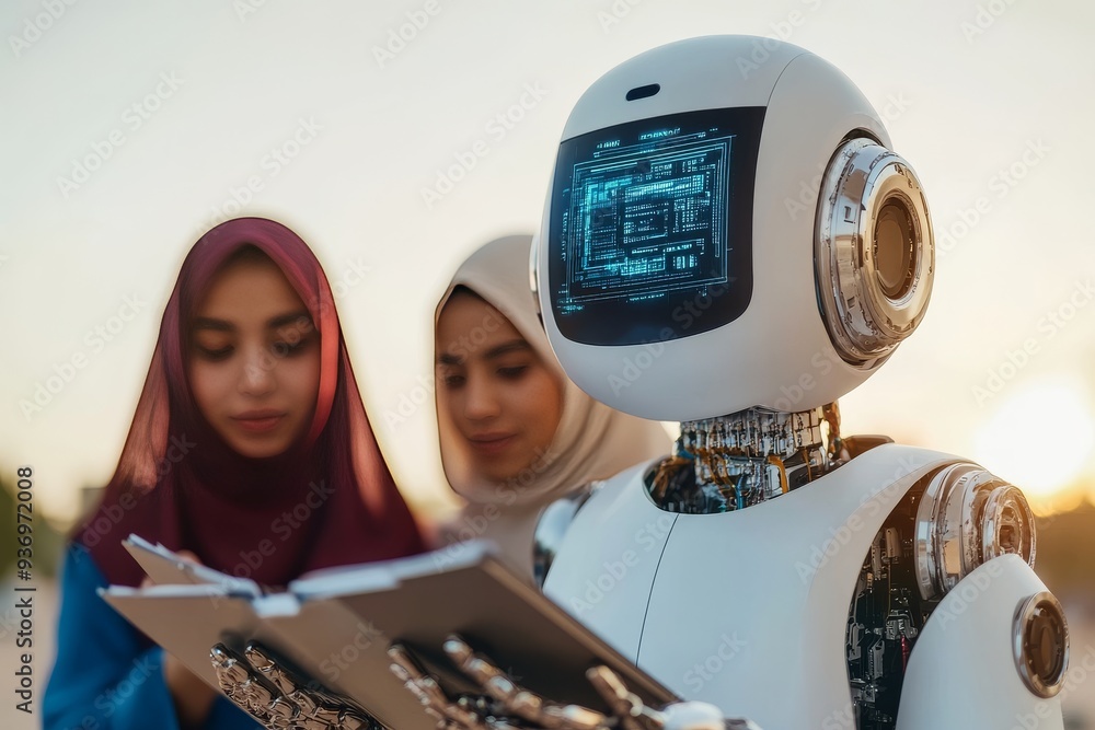 Poster humanoid robot learning from a group of women representing the integration of ai into educational se