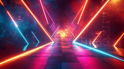 Futuristic Background with Vibrant Neon Lights Glowing Against a Dark Backdrop for High-Energy Nightlife and Tech-Inspired Themes