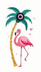 Vibrant and playful illustration of a pink flamingo standing near a palm tree, perfect for summer-themed designs, tropical decor, or fun marketing materials.