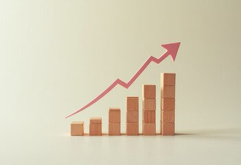A minimalist representation of growth, featuring wooden blocks arranged in ascending order with an upward arrow, ideal for finance, business presentations, and marketing materials.